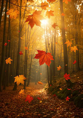 Autumn Forest with Falling Leaves Nature