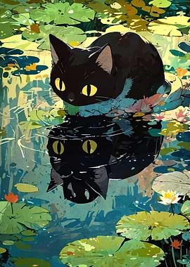 Black Cat Reflection in Lily Pond
