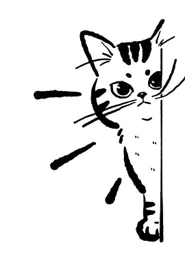 Peeking Cat Black and White Illustration