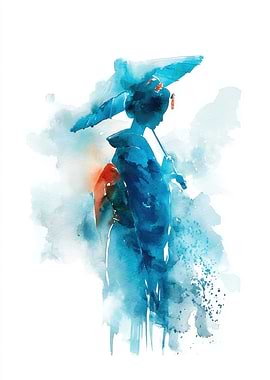 Watercolor Geisha with Umbrella