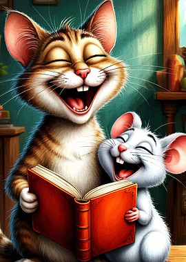 Laughing Cat and Mouse Reading Book