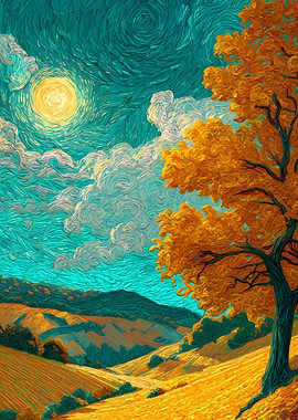 Autumn Landscape Painting with Swirling Sky