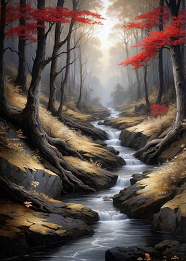 Autumnal River Through Forest Landscape