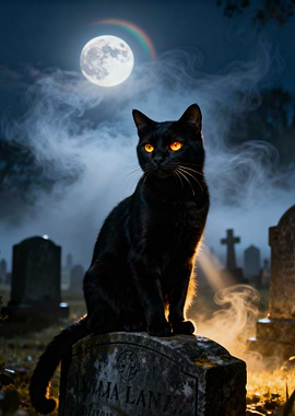 Black Cat on Tombstone at Night