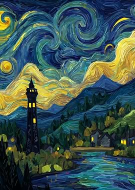 Starry Night Inspired Landscape with Tower