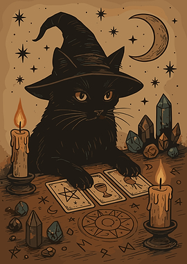 Witch Cat Tarot Reading Illustration