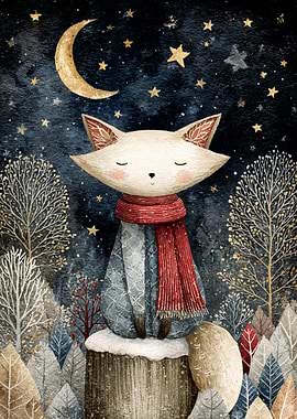 Fox in Winter Night Watercolor