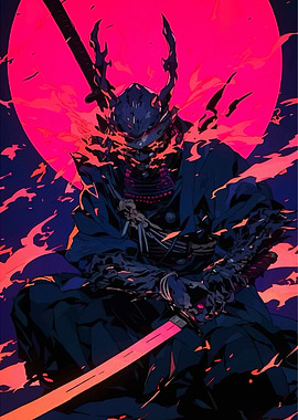 Cyberpunk Samurai with Neon Moon
