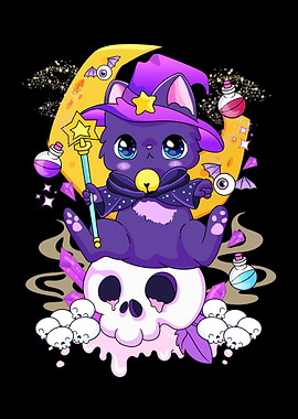 Cute Magical Witch Cat on Skull