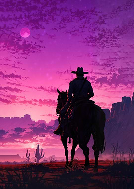 Cowboy on Horseback at Sunset