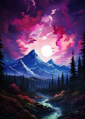 Mountain Landscape with River and Sunset