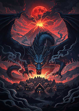 Dragon over Village Volcano
