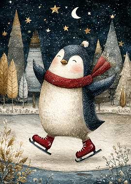 Penguin Ice Skating Winter Scene