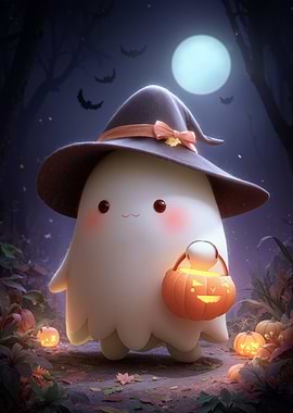 Cute Halloween Ghost with Pumpkin Basket