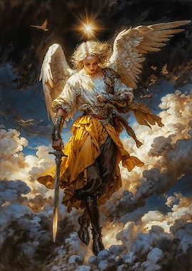 Archangel Azrael with Sword in Cloudy Sky