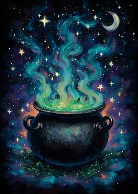 Witch's Cauldron Under a Starry Sky