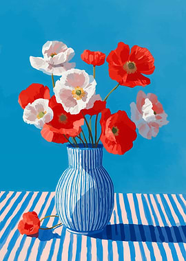 Poppy Still Life with Striped Table