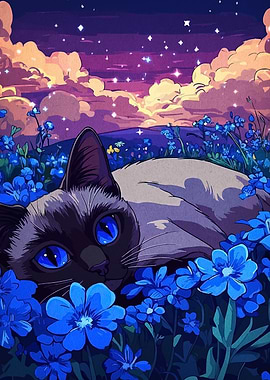 Siamese Cat in Blue Flower Field