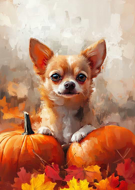 Chihuahua with Pumpkins and Autumn Leaves | Autumn Dog Print