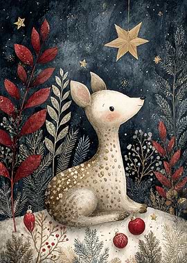 Watercolor Deer in Winter Forest