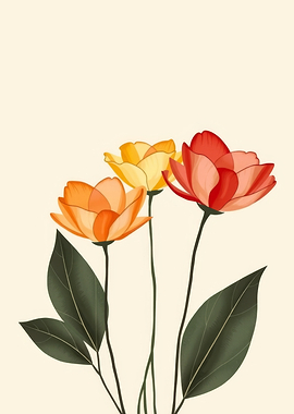 Floral Illustration with Orange, Yellow, Red Flowers