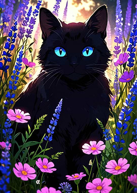 Black cat in a flower field