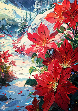 Winter Landscape with Red Flowers