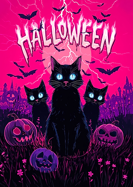 Halloween Cats and Pumpkins Illustration