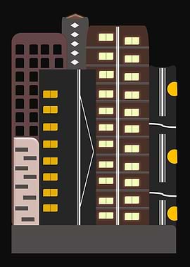 Cityscape at Night with Lit Windows