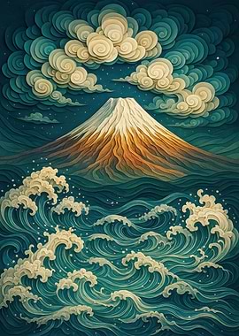 Mount Fuji and Ocean Waves Art
