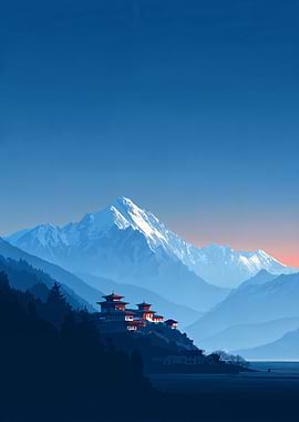 Mountain landscape with a temple