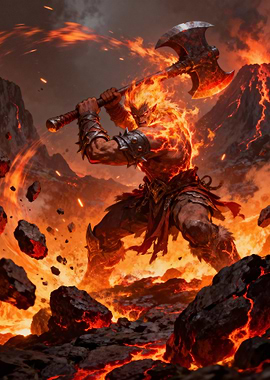 Fiery Warrior with Axe in Lava Field