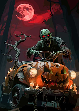 Zombie Driving Pumpkin Car Halloween