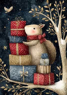 Squirrel with Christmas Gifts Illustration