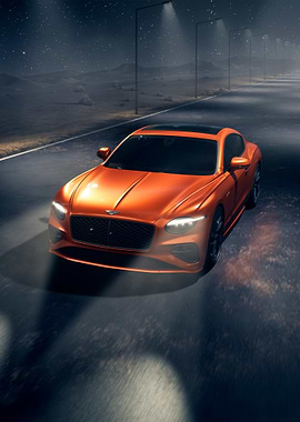 orange bentley on a night road