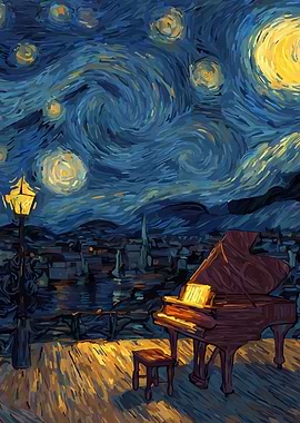 Piano Under Starry Night Painting