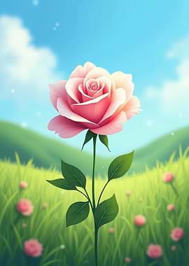 Pink Rose in a Green Field