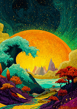 Colorful Landscape with Wave and Sun, Vibrant Nature