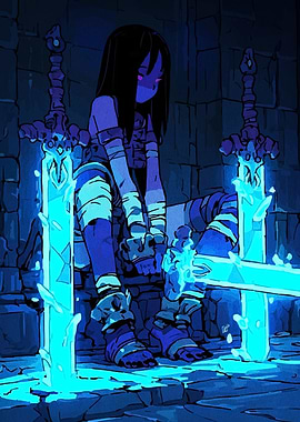 Blue Anime Girl with Swords