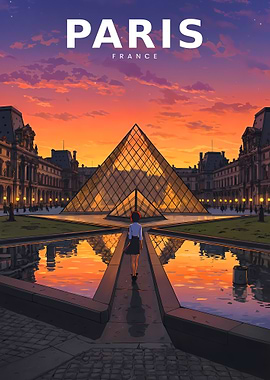 Vintage Anime Louvre Courtyard Scene
