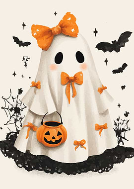 Cute Halloween Ghost with Pumpkin Bucket