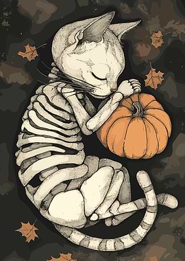 Skeleton Cat Sleeping with Pumpkin