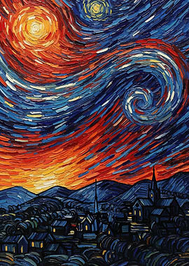 Night Landscape Painting with Swirling Sky
