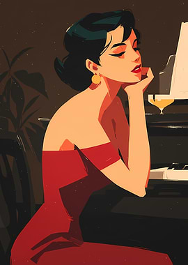 Woman in Red Dress by Piano