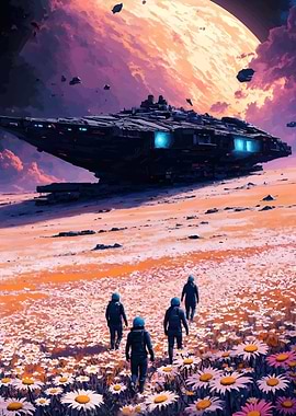 Astronauts, Spaceship, and Floral Landscape