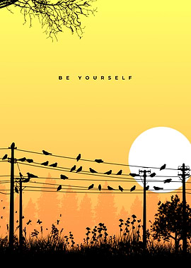 Birds on Wires Silhouette with Sunset