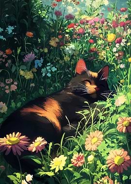 Cat Nap in a Flower Garden