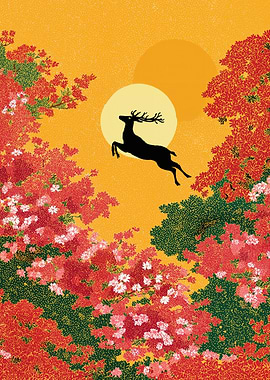 Deer Leaping in Forest, Graphic Illustration