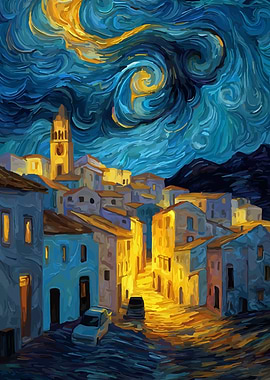Night Cityscape Painting with Swirling Sky