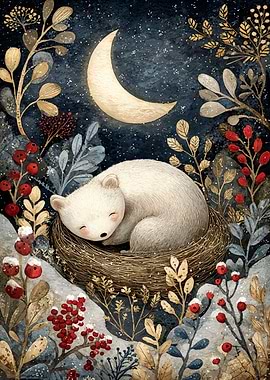 Sleeping Bear Cub Under Crescent Moon